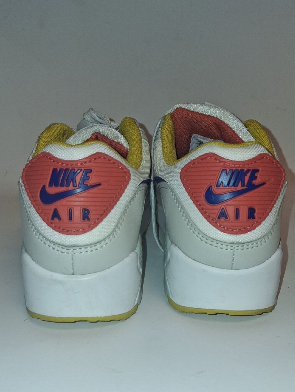 Nike Air Max 90 White Athletic Sneakers with Blue Swoosh and Yellow & Coral - Picture 6 of 7